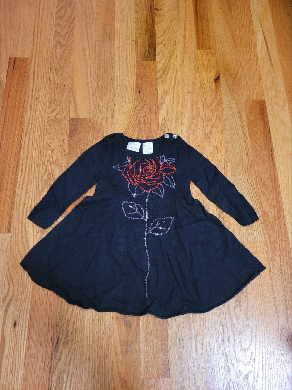 Koala Kids Black Long Sleeve Dress with Red Rose Sequin Graphic- 9-12 Months